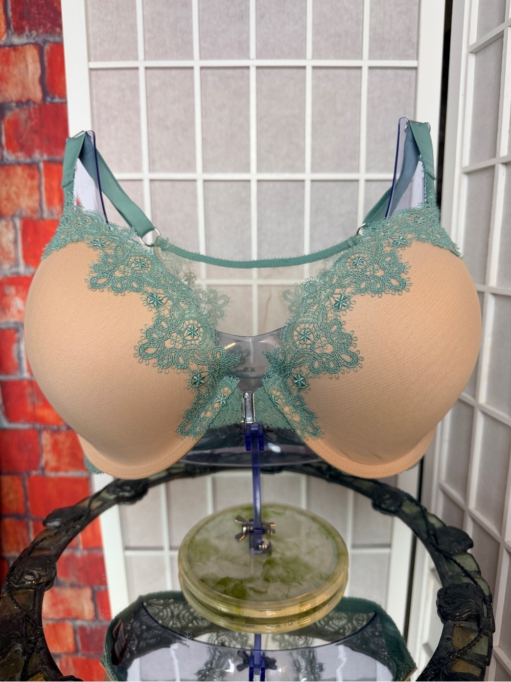 Victoria's Secret Nude Bra with Green Lace Accents